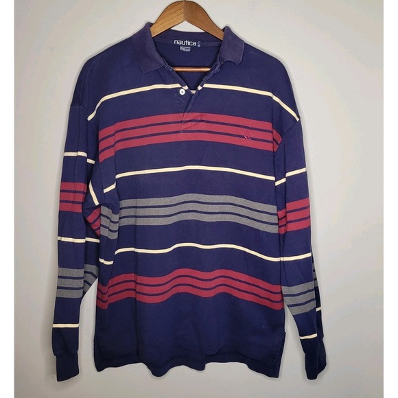 Nautica Other - VINTAGE 90s NAUTICA‎ Polo Shirt Mens Large Rugby Heavyweight Striped Red Blue